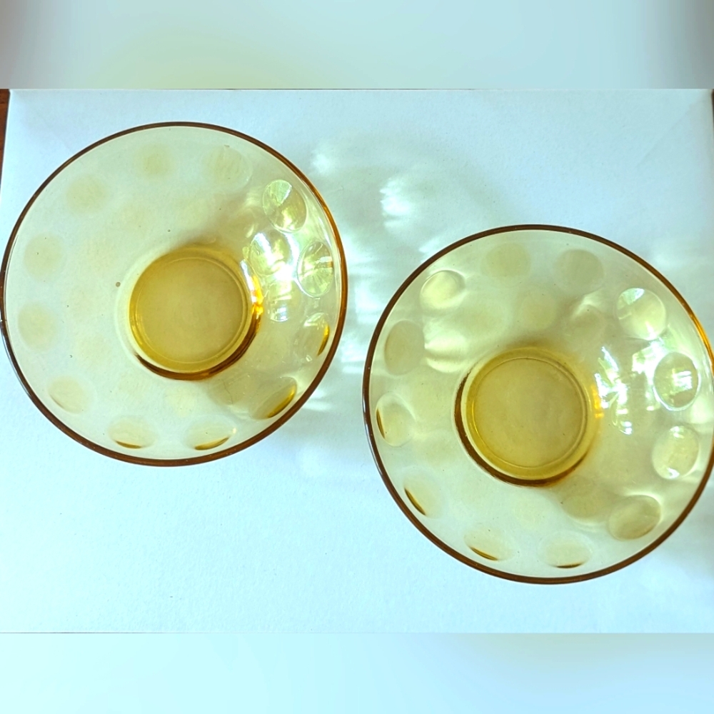 Set of Two Amber Hazel Atlas Vintage Coin Dot Bowls